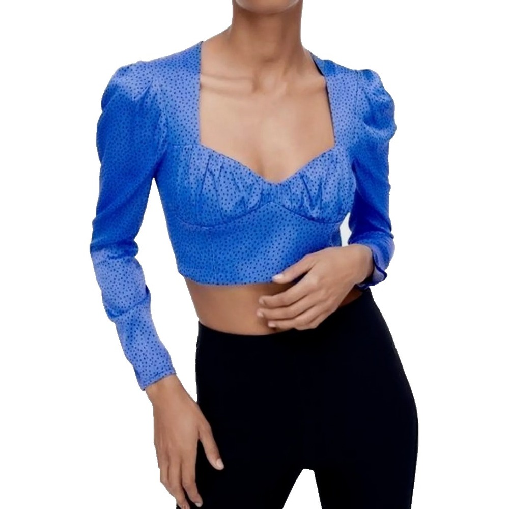 Zara Women's Satin Dotted Ruched Crop Top S Blue Black Puff Sleeve Coquette Sexy